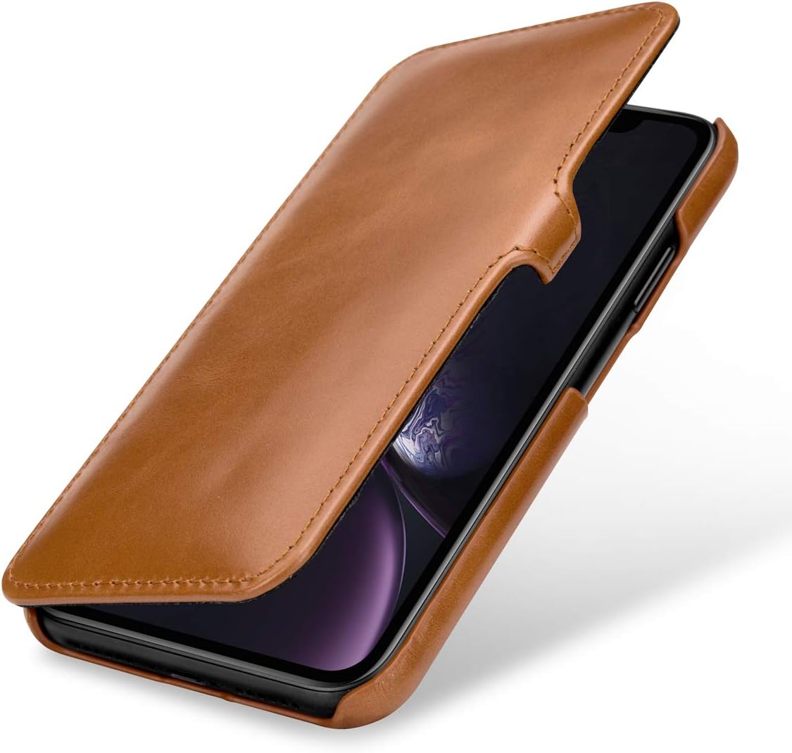 StilGut Book Type Flip Case for iPhone XR, Genuine Leather iPhone XR Case with Closure, Cognac Brown