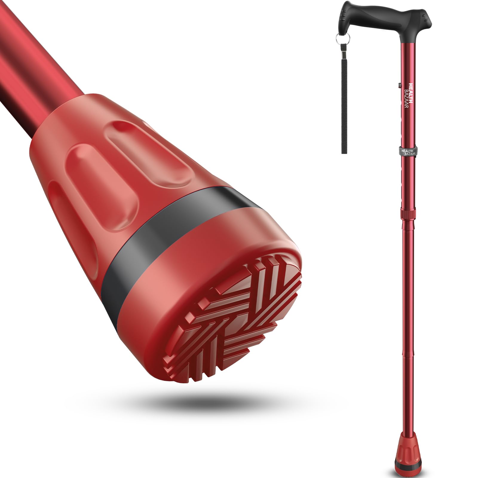 Photo 1 of HEALTHBAZAAR All Terrain Walking Cane for Men & Women, Lightweight, Foldable, Adjustable, Shock Absorption, Collapsible Walking Stick for Seniors & Adults (Passion Red)