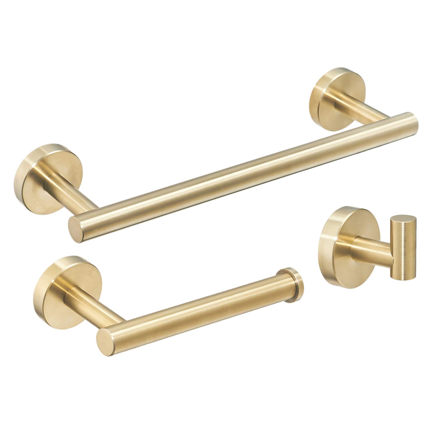 Brushed Gold Bathroom Accessories Wall Mounted Towel Rail Robe Hook Toilet Roll Paper Holder, SUS 304 Stainless Steel Bathroom Hardware Set (3 Pieces)