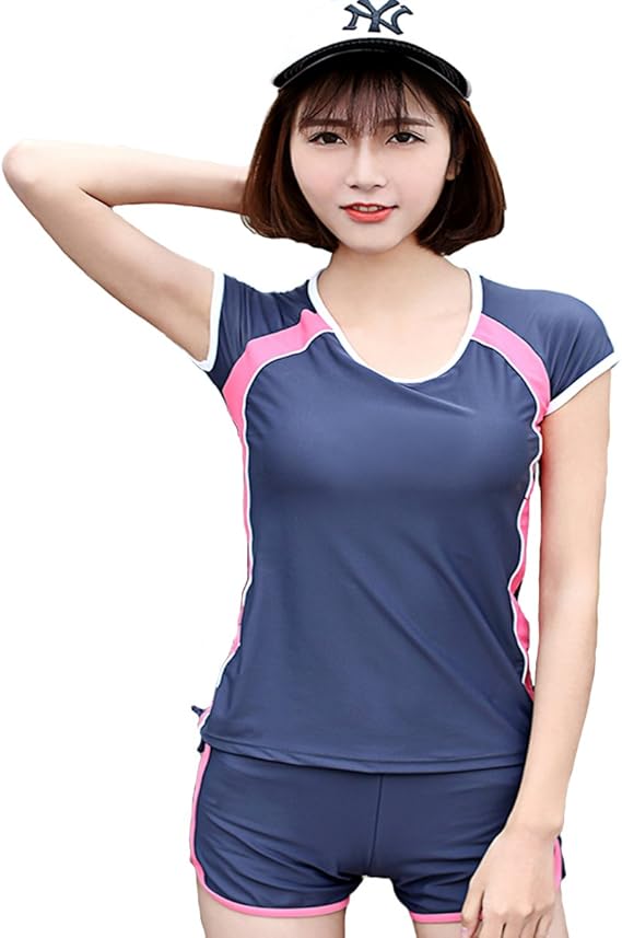 Amazon Aimi 温泉 水着 高品質 レディースファッションスポーツ水着 2点セット 可愛く 体型カバー レディース 水着 ショートパンツ 半袖 プチプラ 大人 女の子 ママ水着yy003 M ダークブルー タンキニ 通販