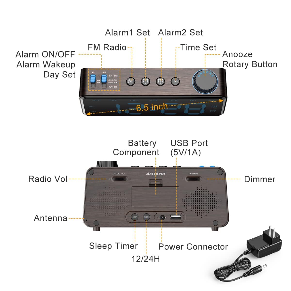 ANJANK Digitaler Radiowecker - 0-100% Dimmbares,Doppelwecker mit Wochentags/Wochenend, USB-Ladegerät,Einfache Einstellung,Netzbetrieb mit Batterie-Backup,Großes Display,Sehr Gut Lesbar Im Ganzen Raum 8