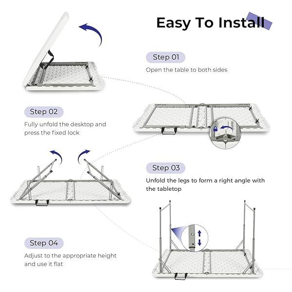 BYLIABLE FOLDING TABLE 4 FOOT PORTABLE HEAVY DUTY PLASTIC FOLD-IN-HALF UTILITY TABLE SMALL INDOOR OUTDOOR ADJUSTABLE HEIGHT FOLDING WITH CARRYING HANDLE, CAMPING AND PARTY,WHITE