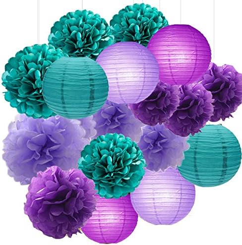 Sogorge Mermaid Party Decorations /Under the Sea Party 18pcs Teal Lavender Purple 10inch 8inch Tissue Paper Pom Pom Paper Lanterns for Birthday Decor Baby Shower Decorations Frozen Party Supplies