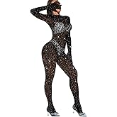 EHSUYAB Women Sexy Lace Jumpsuit, Leopard Fishnet Bodysuit Dancer Glow Rave Outfits, One Piece Mesh Full Rhinestone Lingerie