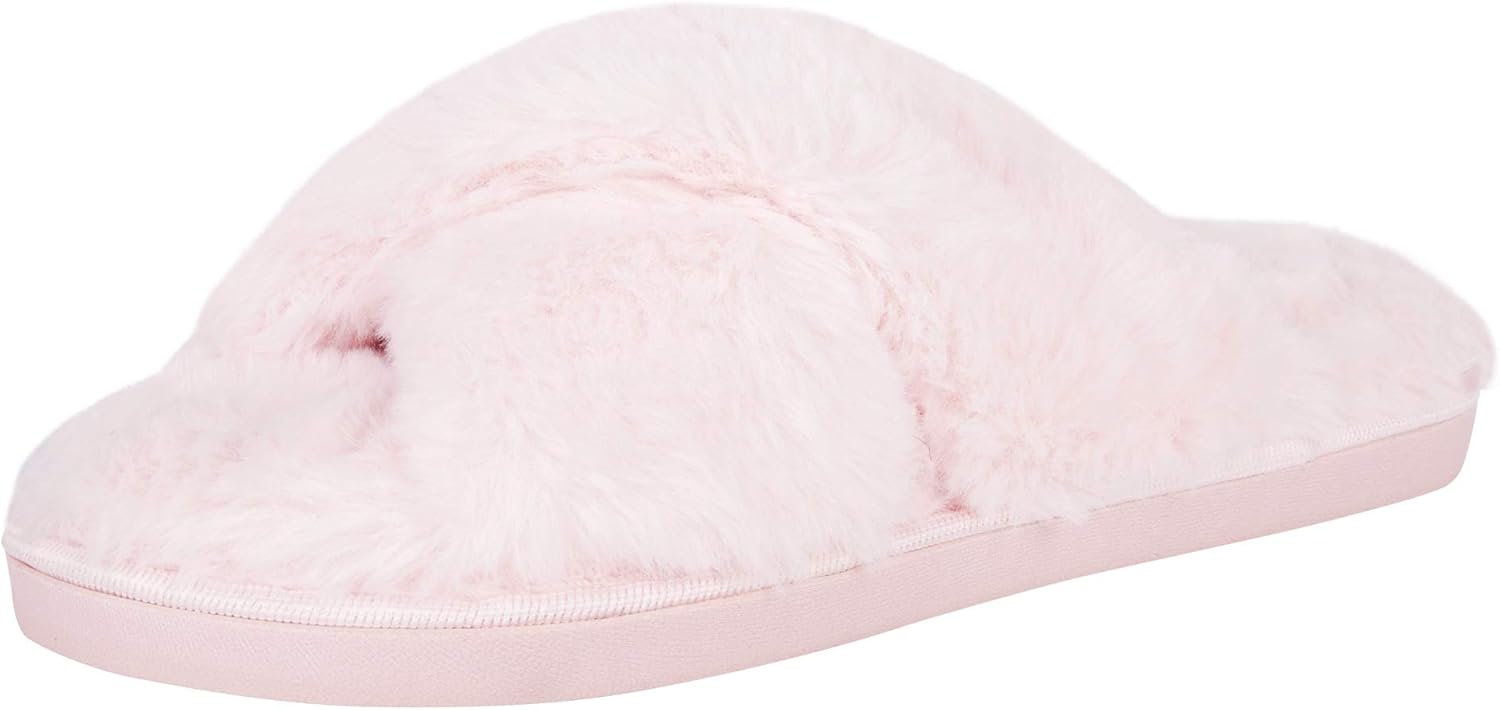 Jessica Simpson Women's Fluffy Plush Slideon Sandal House Slippers with Memory Foam, Pink Cross