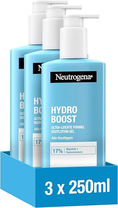 Neutrogena Hydro Boost Bodylotion Gel(3x250ml), ultra-leichte Formel für geschmeidige Haut, feuchtigkeitsspendende Körperlotion mit 17% Glycerin + Hyaluronsäure, Körpercreme-Gel für alle Hauttypen