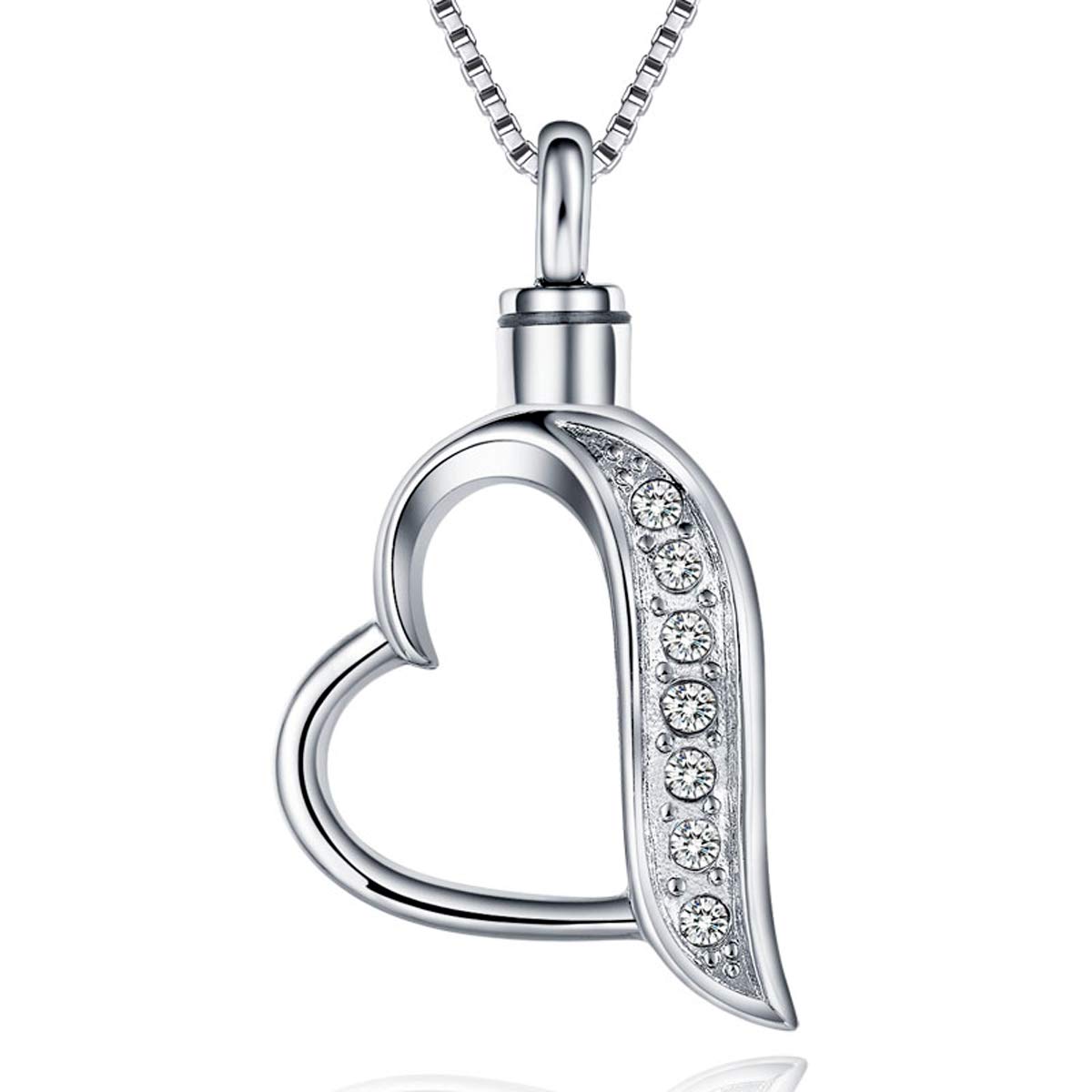 Quiges Stainless Steel Memorial Ash Holder Open Crystal Heart Pendant for Cremation Urn Keepsake with Adjustable Cable Chain Necklace 46 to 52 cm