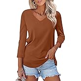 Minetom Women's V Neck 3/4 Sleeve T Shirt Solid/Color Block Casual Basic Tops Summer Tees