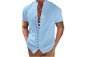 GENERIC Mens Casual Cotton Linen Shirt Short Sleeve Button Down Shirt Summer Beach Hawaiian Shirts Stand Collar Guys Solid Color Tops