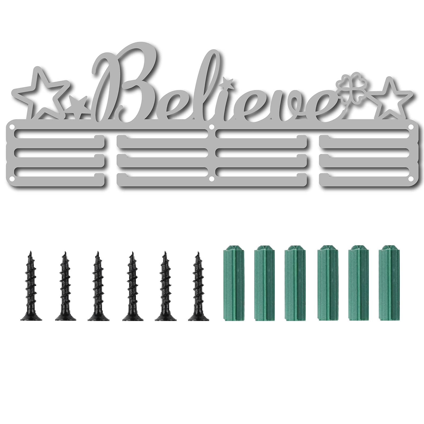 CREATCABIN Medal Holder Believe Start Four Leaf Clover Awards Display Stand Wall Rack Mount Hanger Decor for Champions Home Badge 3 Hang Bars up Medalist 60 Medals Games 15.7x5.5inch