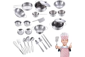 25Pcs Kids Play Kitchen Accessories, Kids Kitchen Play, Stainless Steel Cookware and Cooking Utensils Pan Toys, Educational T