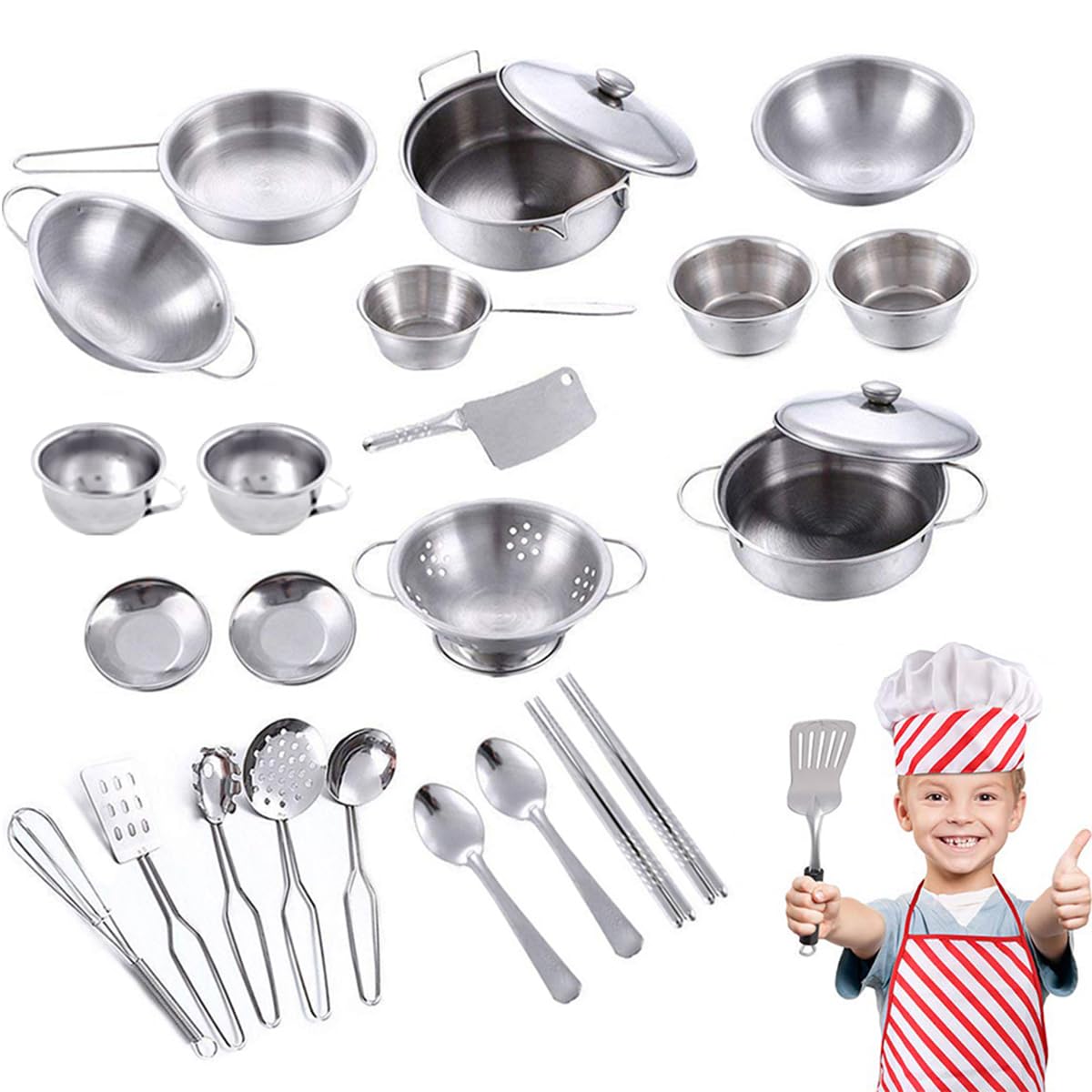 25PCS Kids Pretend Play Kitchen Accessories Set Stainless Steel Kids Pots and Pans Playset Cookware Cooking Utensils Pan Toys Set Mini Play Kitchen Cooking Set for Boys Girls Toddlers