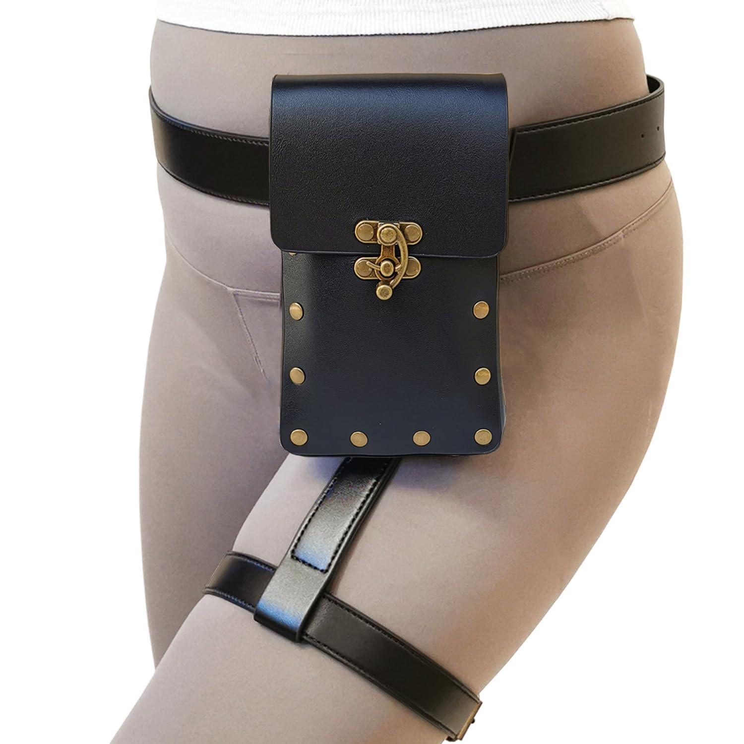 Larswon Renaissance Leg Harness Bag - Synthetic Leather Belt Bag for Women, Hip Fanny Pack Thigh Harness, Black, M