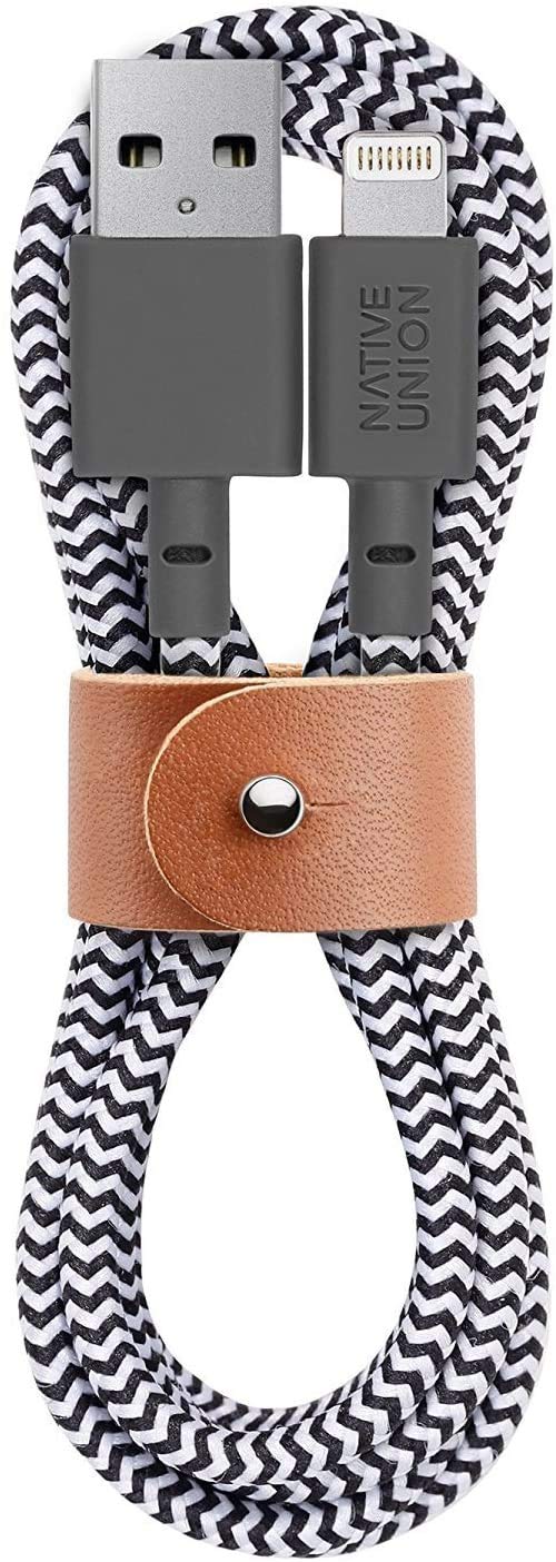 Native Union Belt Cable - 1.2m (4ft) Ultra-Strong Reinforced [MFi Certified] Durable Lightning to USB Charging Cable with Leather Strap compatible with iPhone/iPad (Zebra)