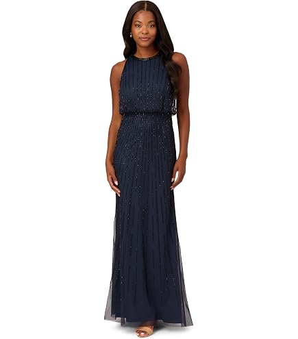 Papell Studio Women's Bead Halter Long Dress, Deep Blue, 4 : Clothing, Shoes & Jewelry