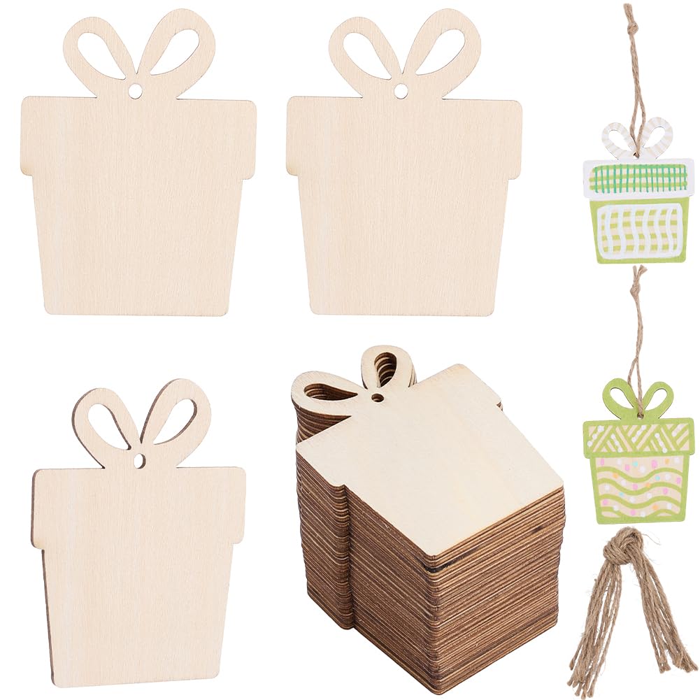 SUNNYCLUE 30Pcs Christmas Wooden Slices Wood Cutout Crafts Decor Xmas Holiday Hanging Decorations Unfinished Wooden Blank Hanger Charms with 30Pcs Jute Twine for Pendants Art DIY Craft Party Home