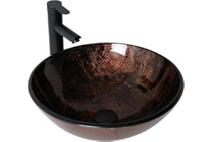 Lofeyo Small Bathroom Sink 17" Brown Glass Vessel Sink With Faucet and Drain Combo - Modern Round Artistic Basin Above Counter 5" Deep LOF-BL33558
