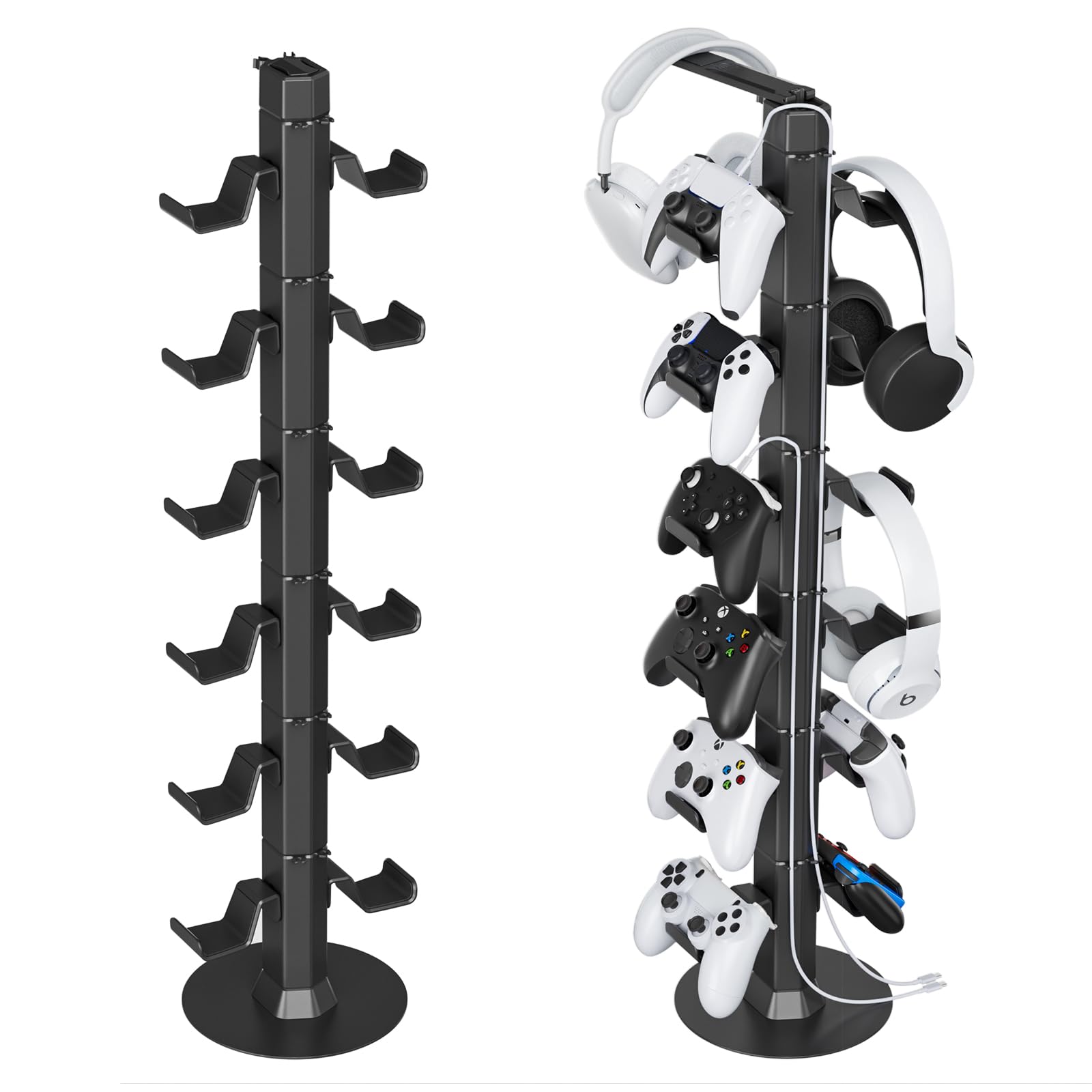 Gaming Controller & Headset Holder Stand for Desk, with Charger Cable Organizer Headphone Stand for PS5/ Xbox/ PS4/ Switch, Metal Base Controller Hook for Storage with 360° Rotatable Hanger- 6 Tiers