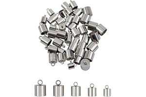 UNICRAFTALE 5 Sizes Stainless Steel Cord Ends 50pcs Leather Cord End Caps Cord 6/7/8/9/10mm Inner Diameter End Caps Terminators Cord Finding for Jewelry Making Kit, Stainless Steel Color