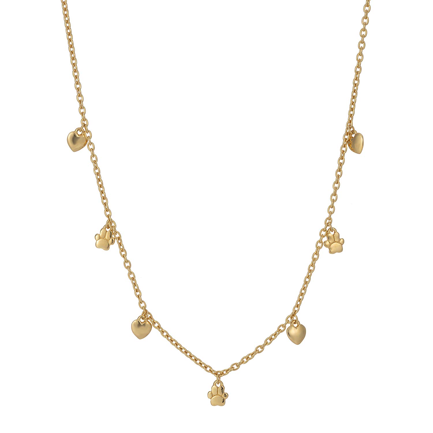 Gemma J Yellow Gold Paws On My Heart Necklace -adjustable length necklace with paw prints and heart charms for dog lovers
