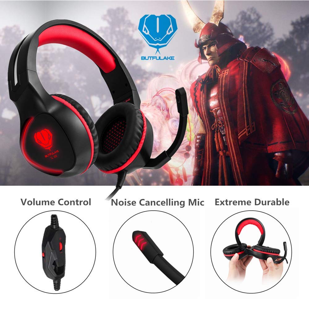 BUTFULAKE Gaming Headset for PS4, Xbox One, Xbox One S, PC, Nintendo Switch, Mac, Laptop, Computer, 3.5mm Wired Over Ear Gaming Headphones with LED Light & Noise Cancelling Microphone, Red