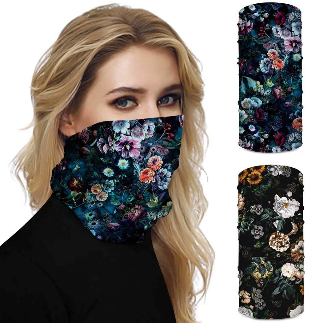 IYOU Breathable Face Scarf Flower Neck Gaiter Black Motorcycle Bandana Elastic Sport Outdoor Head Wear for Women and Men