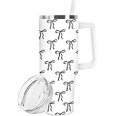 FYSUIMU Black Bow Tumbler with Straw and Lid Cute Bow Knot Stainless Steel Travel Coffee Tumbler Cup with Handle for Coquette Party Home Office Supplies