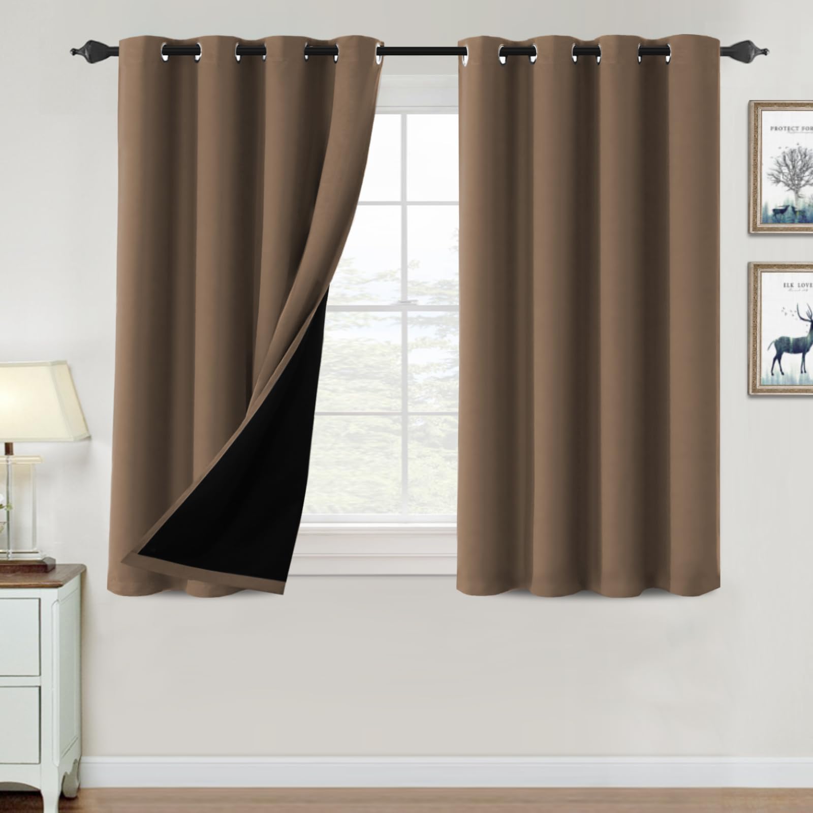 H.VERSAILTEX 100% Blackout Curtains for Bedroom Thermal Insulated Blackout Curtains 45 inch Length Full Light Blocking Window Drapes for Living Room with Black Liner 2 Panels, Macchiato Image