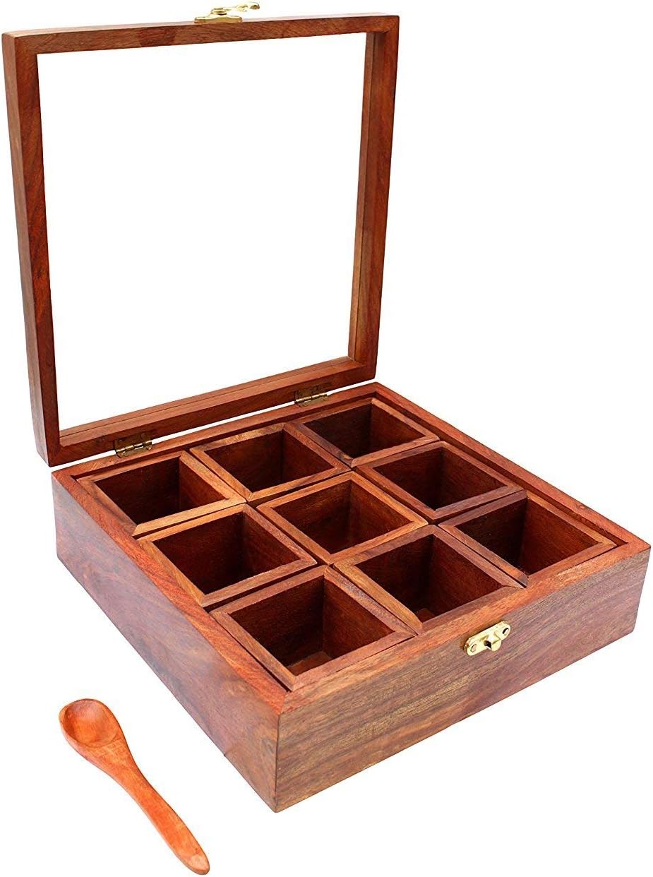 Artesia Handcrafted Wooden Spice Box Holder with Lid 9 Compartments Multi Uses