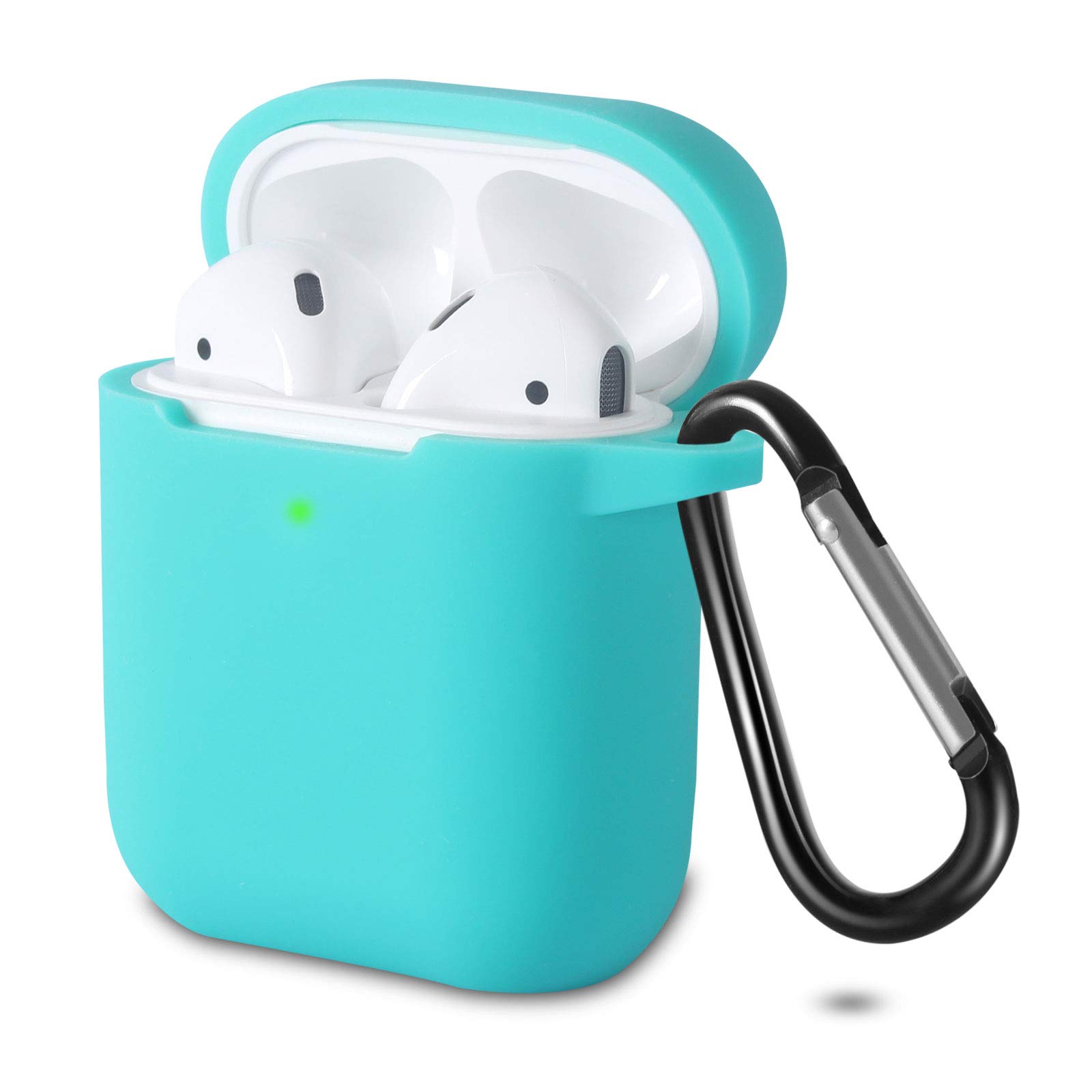 KOKOKA Case Cover Compatible with AirPods 2 & 1, Silicone Shockproof Case Cover for Airpods 2 &1 Front LED Visible Extra Protection with Carabiner, Lake Green