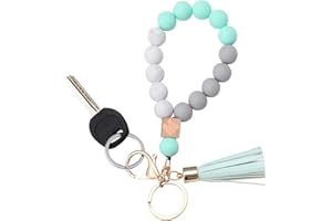 BAOSIWA Silicone Key Ring Bracelet Wristlet Keychain Unique Beaded Bangle Key Chains for Women with Leather Tassel