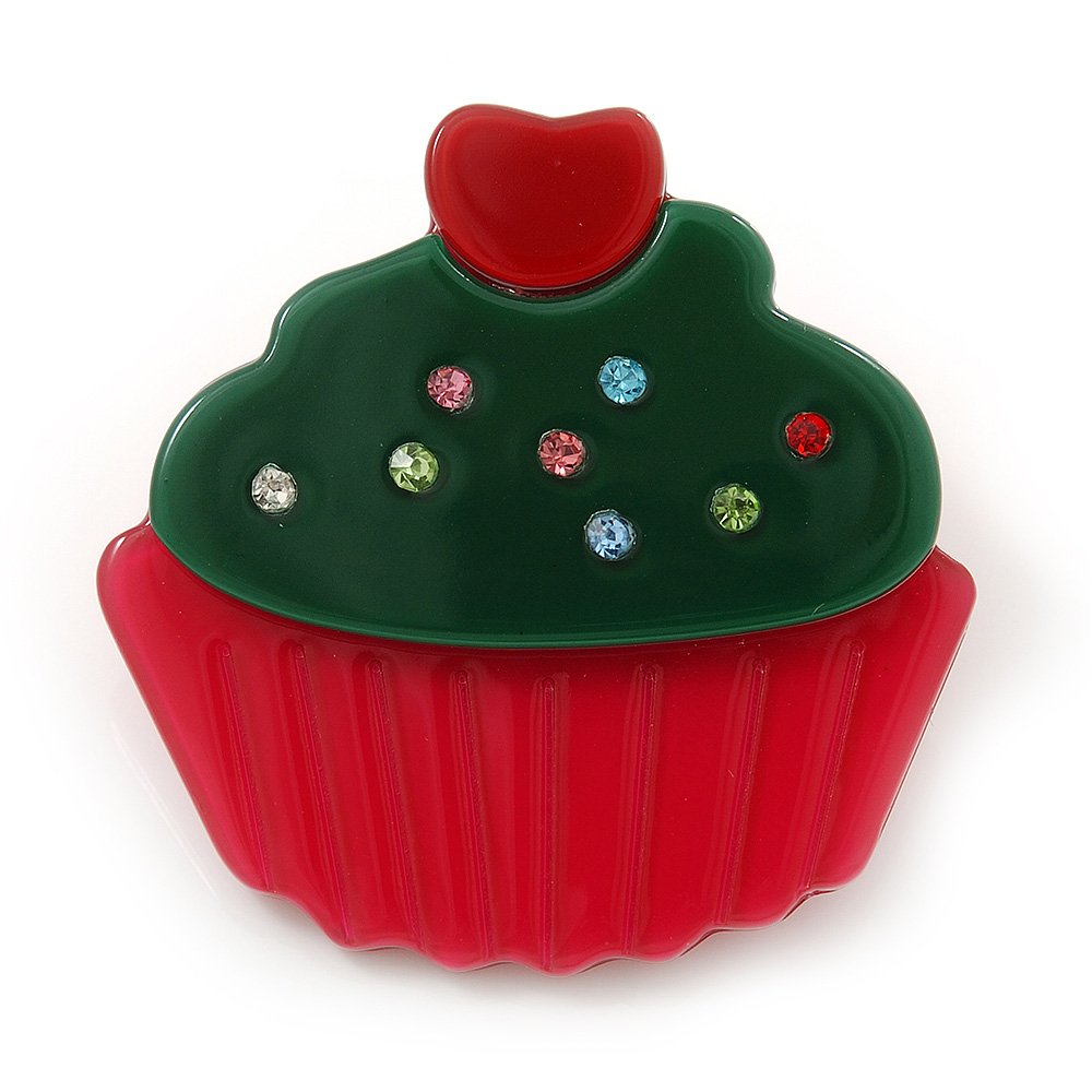 Magenta/Dark Green Austrian Crystal Acrylic 'Cupcake' Pin Brooch - 40mm Across