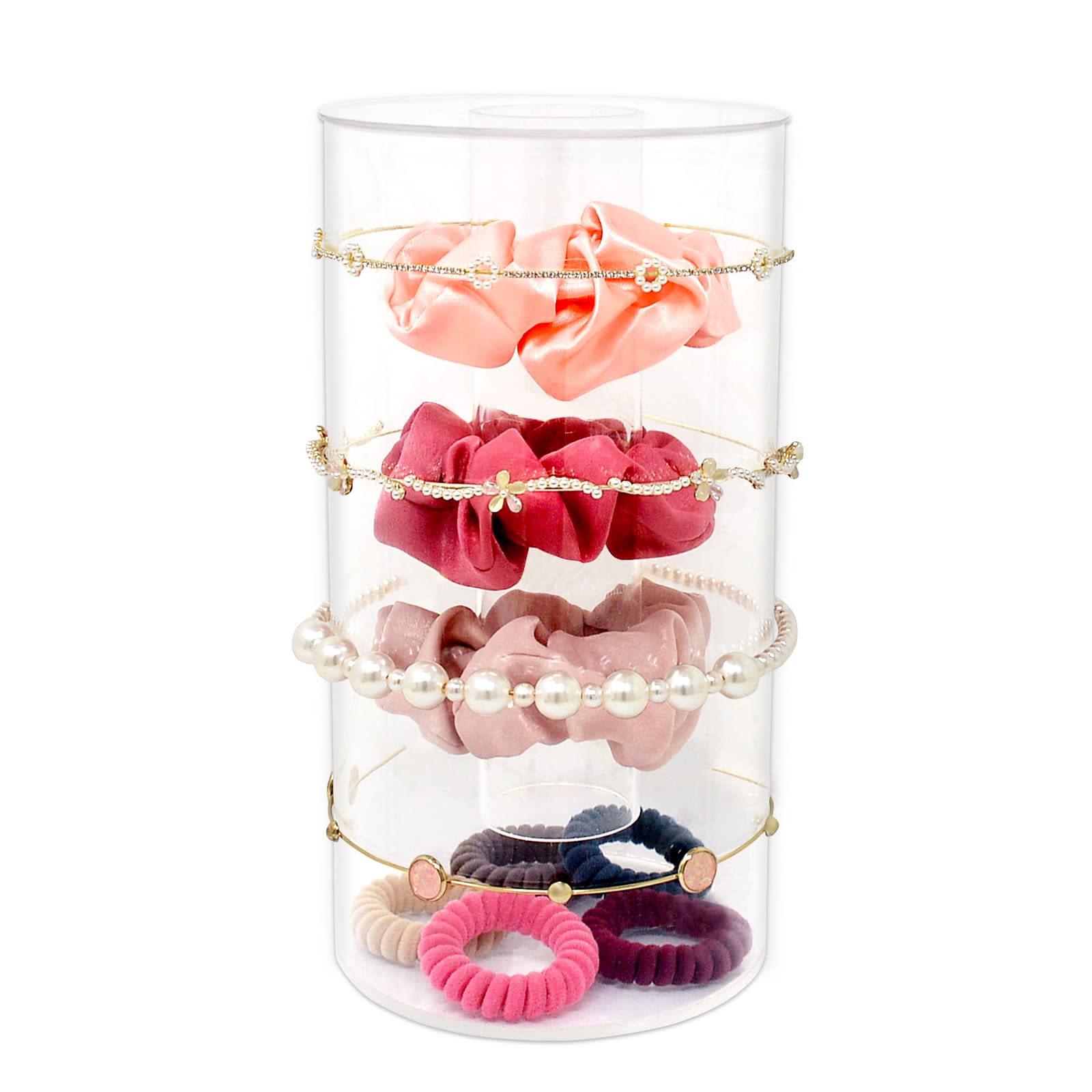 Juanxian 3-in-1 Acrylic Hair Accessories Organizer Headband Organizer and Scrunchies Holder Stand with Compartment for Hair Brush and other Accessories - Acrylic Display Organizer for Hair Ties