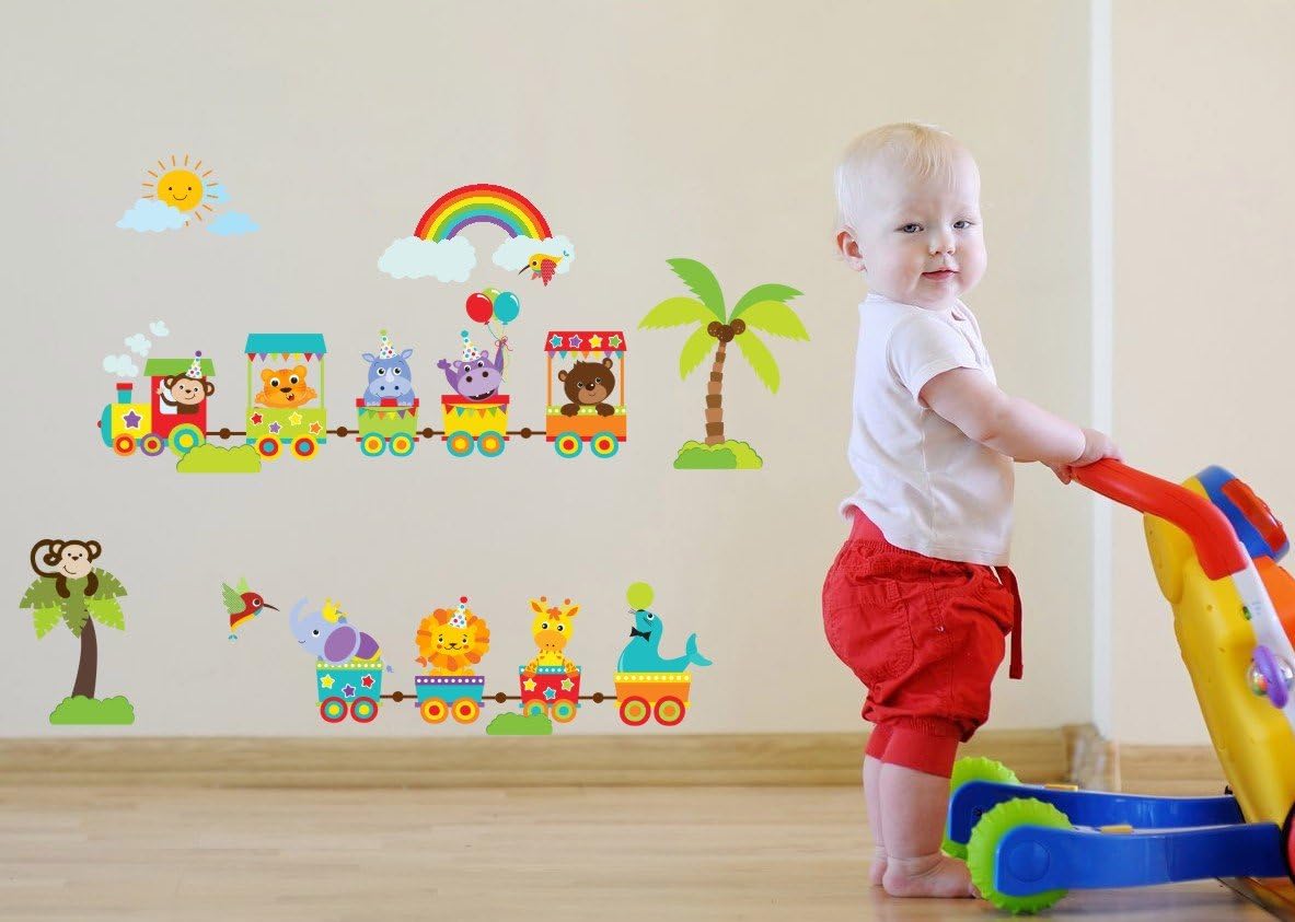 cute forest animal train with sun and rainbow wall decor for kids playroom baby animal circus nursery bedroom wall art stickers PEEL & STICK