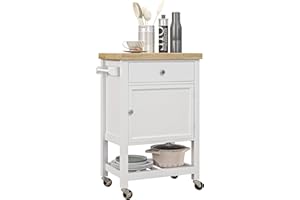 HOMCOM Rolling Kitchen Island Cart with Wood Top, Butcher Block Kitchen Cart on Wheels with Drawer, Storage Cabinet and Towel