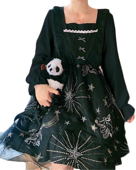 Amazon フ二ンー レディース 切り替え 刺繍 ワンピース ロリータワンピース フリル 長袖 Aライン チュニック チュールスカート 可愛い 森ガール ブラック F ワンピース チュニック 通販