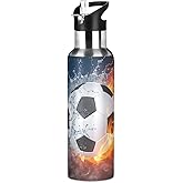Soccer Water Bottles for Boys Kids Soccer Ball Bottle with Straw Lid Water Fire Football Insulated Stainless Steel Water Flask Leakproof Bottle for Gym Outdoor 20 oz