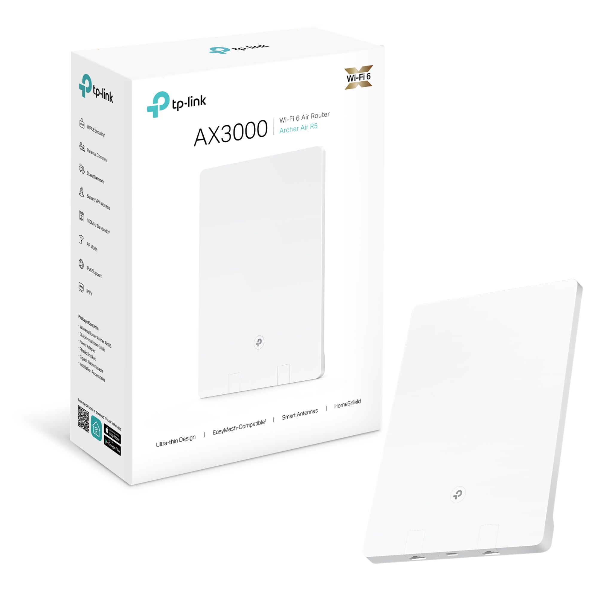 TP-Link Wi-Fi 6 AX3000 Dual-Band Wi-Fi 6 Air Router, Gigabit Port, Ultra-Thin Design, OneMesh™ Supported, Ideal for Gaming Xbox/PS4/Steam, TP-Link HomeShield, Flexible Installation (Archer Air R5)