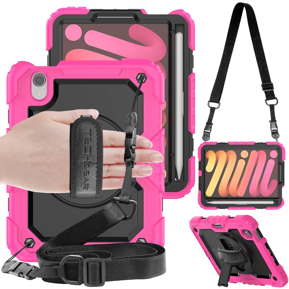 TECHGEAR UTILITY Case for iPad Mini 7/6, 8.3" - Tough Rugged HEAVY DUTY Armour Shockproof Case with 360 Rotating Stand, Hand Strap and Shoulder Strap - Pink