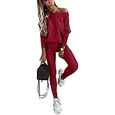 CHICME 2 Piece Lounge Outfit Long Sleeve Knit Pullover Tops Drawstring Pants Set Tracksuit Sweatsuit