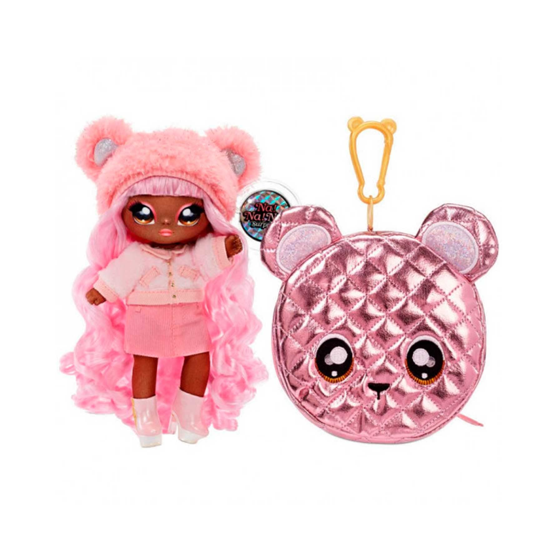 Na Na Na Surprise 2-in-1 Fashion Doll & Metallic Purse Glam Series - Collectable - Pink Hair Doll with Pink Bear Purse - Cali Grizzly