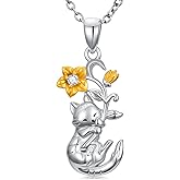 Zorlioy Diamond Cat Necklace 925 Sterling Silver Flower and Cat Pendant with Lab Grown Diamonds Jewelry Gifts for Women