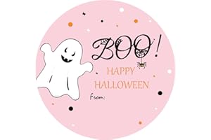 SerpizePaty 60pcs Pink Halloween Stickers for Kids, 2 Inch Halloween Tags for Goodie Bags Cups Clothes, Boo Ghost Envelope Seal Stickers for Party Decorations