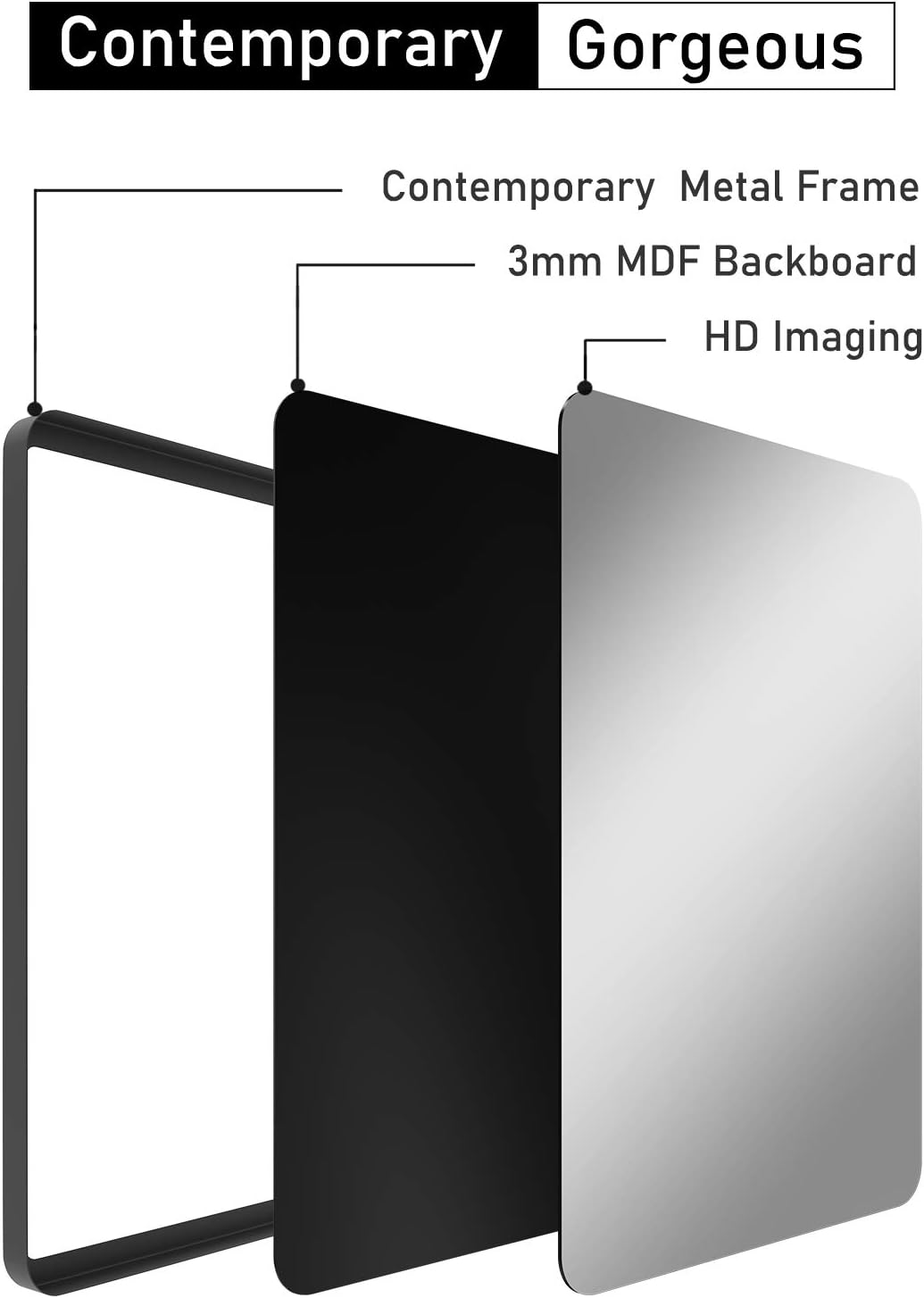 NXHOME Rectangle Metal Frame Wall Mirror for Bathroom 18 x 24 Inch Wall Mounted Vanity Mirror Rounded Corner Black Frame Decorative Mirrors for Living Room Bedroom: Furniture & Decor