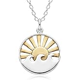 EnCharmed Sterling Silver and Bronze Sun and Waves Charm Necklace, Beach Ocean Pendant Jewelry, 18"