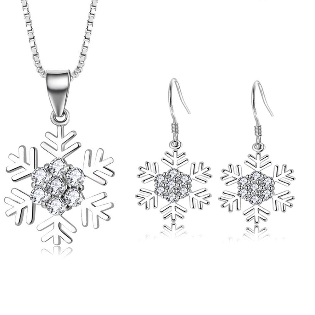 Deyanse Silver Snowflake Jewellery Sets for women, 925 Sterling Silver Snowflake Drop Earrings & Pendant Necklace, Hypoallergenic Jewellery Set with White Zirconia for Women at Christmas