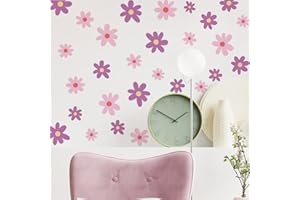 Runtoo Pink Purple Daisy Flower Wall Art Stickers Boho Floral Wall Decals for Nursery, Living Room, Girls Bedroom