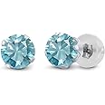 Gem Stone King 14K White Gold Blue Zircon Stud Earrings For Women Men | 1.00 Cttw | Round 4MM