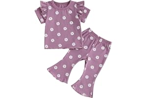Kupretty Baby Girl Clothes Summer Solid Knit Ruffle Short Sleeve T-Shirt Tee & Flare Pants Set Toddler Bell-bottoms Outfit