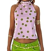 Women Floral Print Halter Tank Top Sleeveless Backless Crop Top Polka Dot Vest Flowy Summer Going Out Streetwear